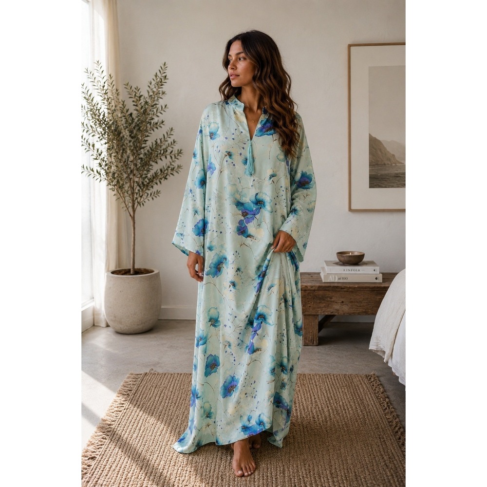 Vintage Valerie Stevens Aqua Blue Floral Long Nightgown Sze XL Satin Sleep Dress